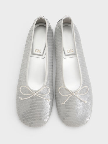 Sequin Mesh & Leather Bow Ballet Flats, Silver, hi-res