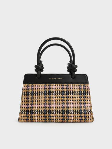 Sabine Tartan Knotted-Handle Tote Bag, Tartan Straw, hi-res