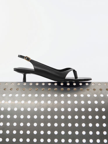 Rayne Square-Toe Kitten-Heel Thong Slingback Sandals, Black, hi-res