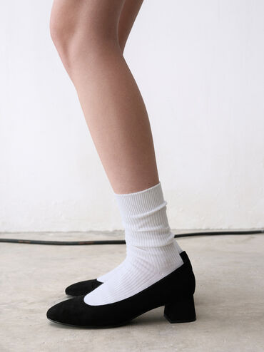 Faux Suede Round-Toe Block-Heel Pumps, Black Textured, hi-res