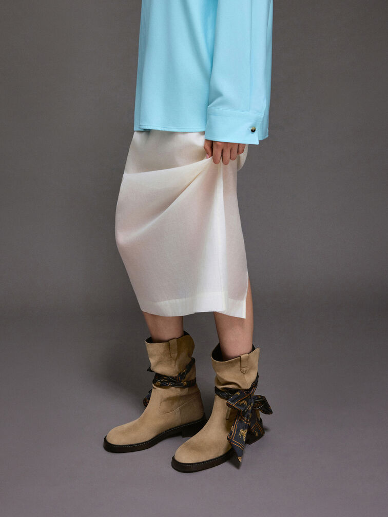 Faux Suede Printed-Scarf Calf Boots, Khaki, hi-res