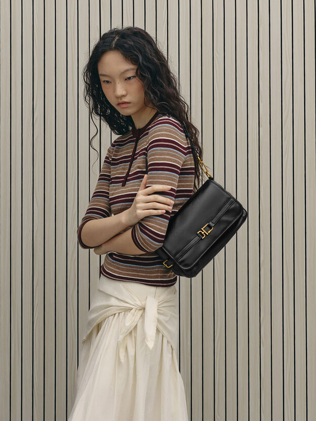 Gwynne Metallic-Buckle Belted Shoulder Bag, Black, hi-res