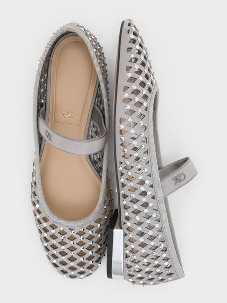 Studded Cut-Out Ballet Flats, Light Grey, hi-res