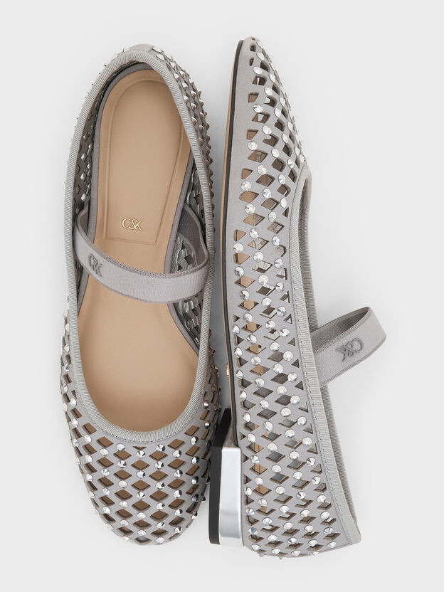 Studded Cut-Out Ballet Flats, Light Grey, hi-res