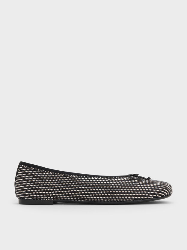Satin Crystal Bow Ballet Flats, Black Textured, hi-res