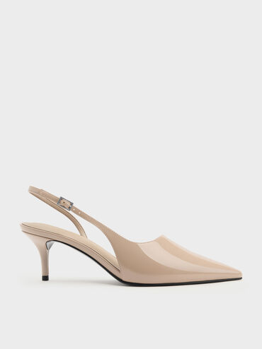 Patent Stiletto-Heel Pointed-Toe Slingback Pumps, Taupe, hi-res