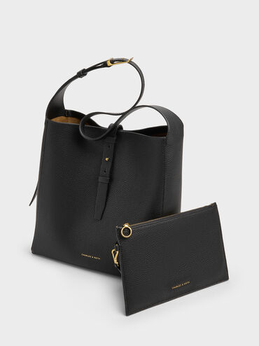 Beryl Recycled Leather Belted Hobo Bag, Black, hi-res