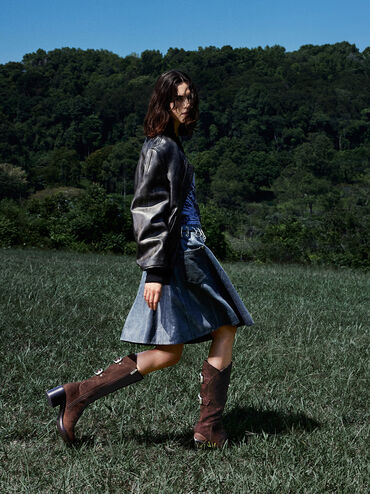 Masei Faux Suede Grommet-Strap Knee-High Boots, Dark Brown, hi-res