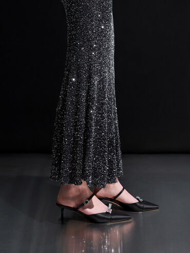 Recycled Polyester Bow Kitten-Heel Mules, Black Textured, hi-res