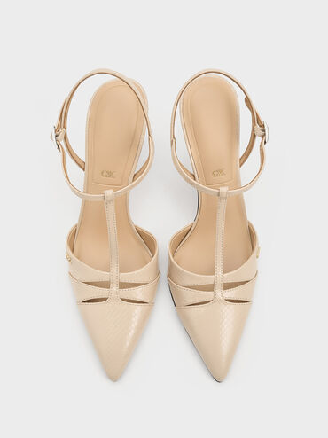 Leather Snake-Print T-Bar Pointed-Toe Pumps, Animal Print Sand, hi-res