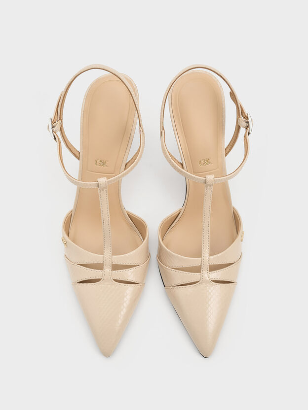 Leather Snake-Print T-Bar Pointed-Toe Pumps, Animal Print Sand, hi-res