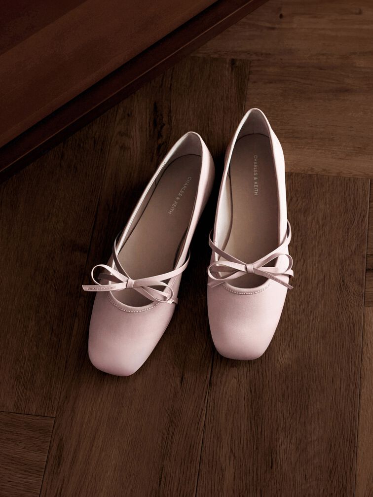 Satin Bow Ballet Flats, Pink, hi-res