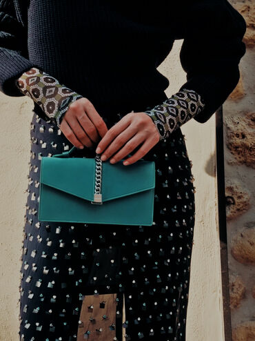 Taisia Satin Chain-Strap Envelope Bag, Teal, hi-res