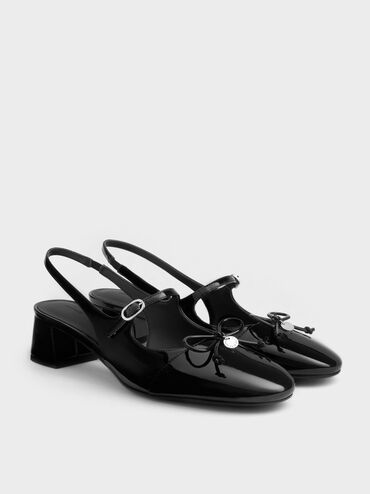 Patent Bow Slingback Pumps, Black Patent, hi-res