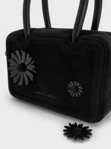 Perline Boxy Top Handle Bag With Floral Appliques, Jet Black, hi-res