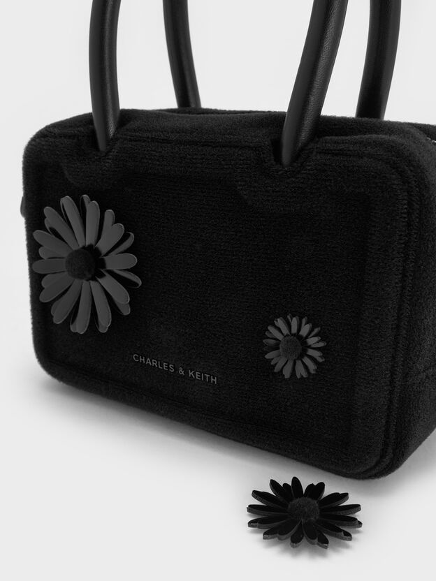 Perline Boxy Top Handle Bag With Floral Appliques, Jet Black, hi-res