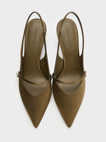 Helena Satin Pearl Slingback Kitten Heels, Olive, hi-res