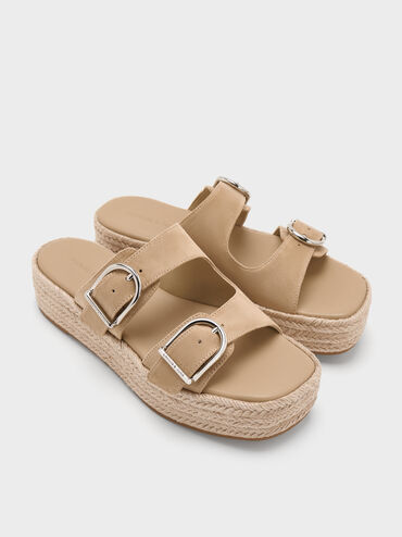 Faux Suede Double-Strap Espadrille Flatform Sandals, Sand, hi-res