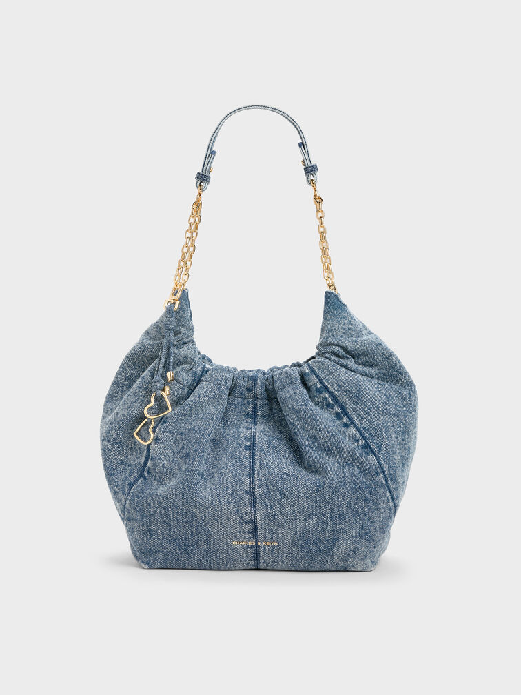 Ciara Denim Ruched Hobo Bag, Denim Blue, hi-res