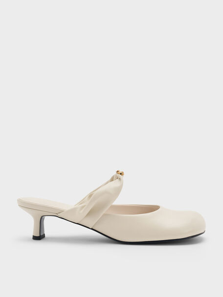 Metallic-Accent Twisted-Strap Heeled Mules, Chalk, hi-res