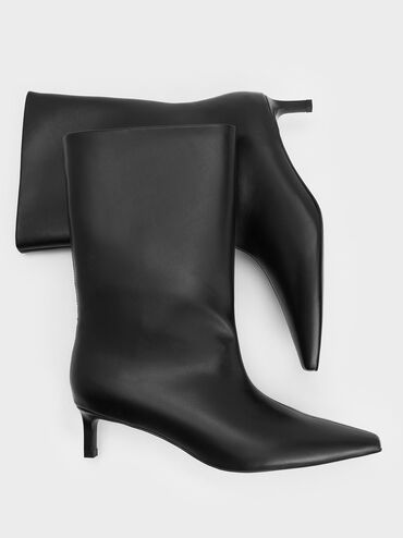 Elongated Square-Toe Kitten-Heel Calf Boots, Black, hi-res