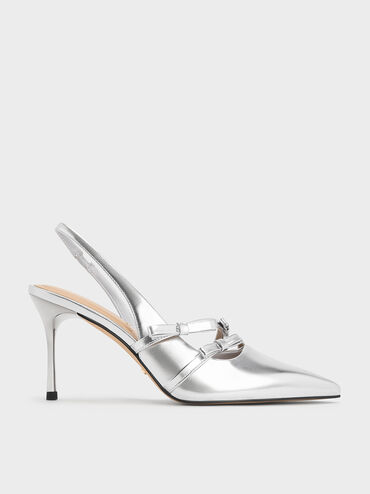 Jessy Metallic Leather Bow Slingback Pumps, Silver, hi-res