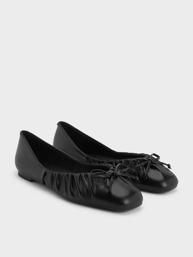 Ruched Bow Ballet Flats, Black, hi-res