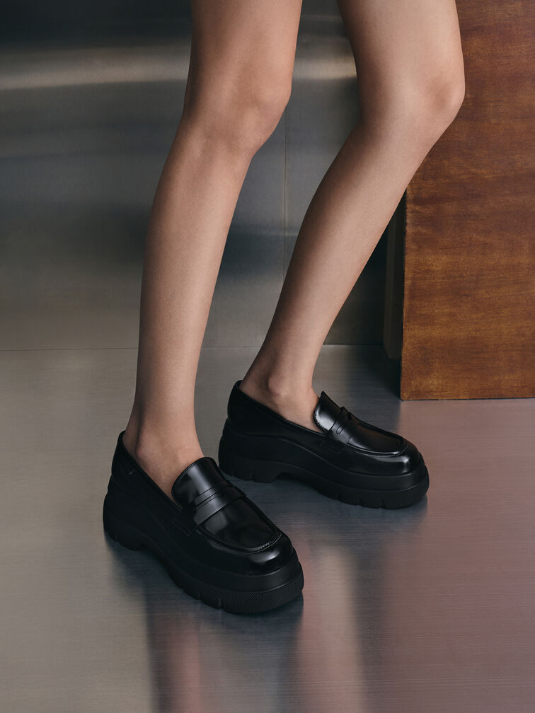 Leoi Platform Penny Loafers, Black Box, hi-res
