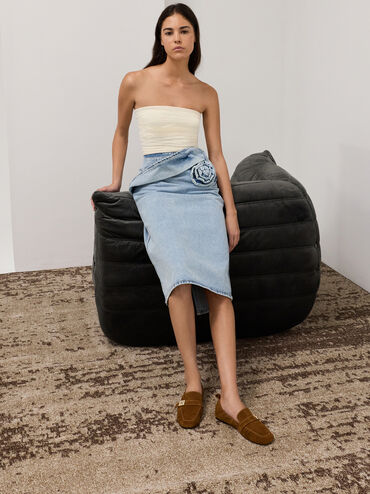 Cody Suede Metallic-Buckle Ruched Loafers, Brown, hi-res