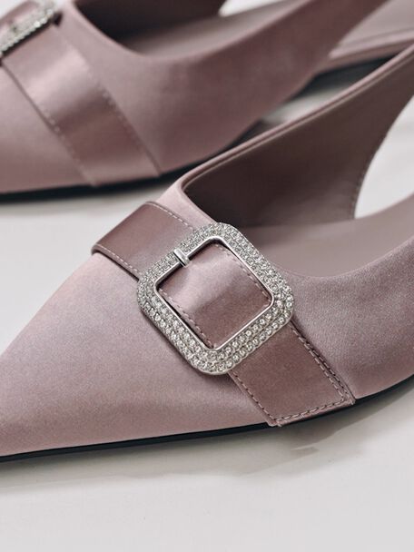 Satin Crystal-Buckle Slingback Flats, Mauve, hi-res