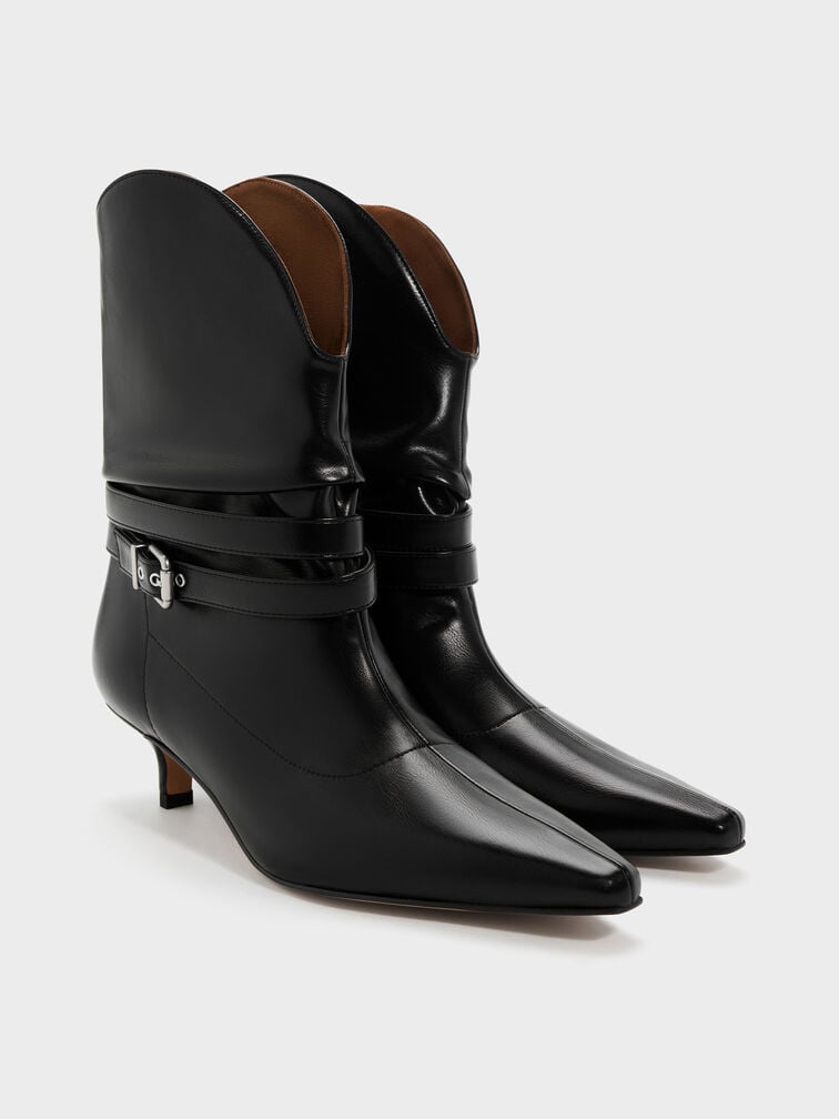 Karter Pointed-Toe Ruched Buckled Kitten-Heel Boots, Black, hi-res