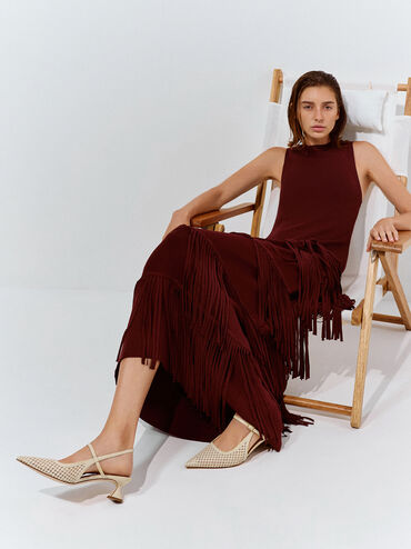 Raffia Sculptural-Heel Slingback Pumps, Beige, hi-res