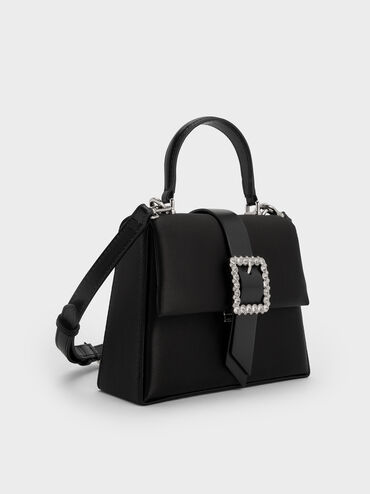 Satin Crystal-Buckle Belted Top Handle Bag, Noir, hi-res