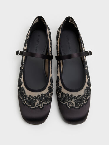 Satin Embroidered-Mesh Mary Jane Flats, Black Textured, hi-res
