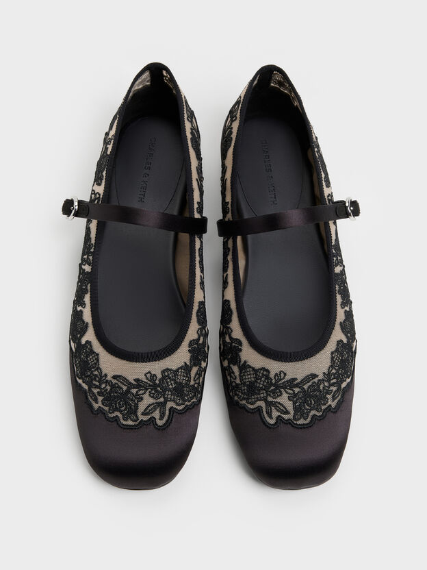 Satin Embroidered-Mesh Mary Jane Flats, Black Textured, hi-res