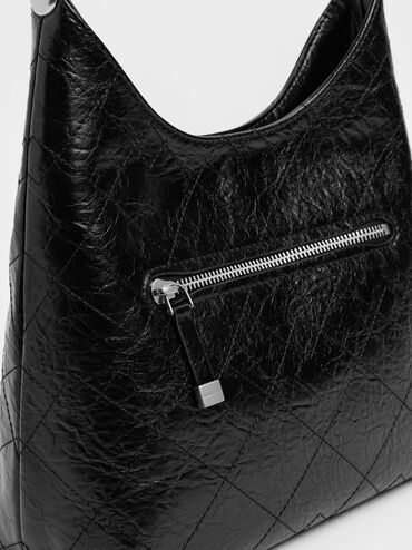 Duo Quilted Front-Pocket Chain Hobo Bag, Noir, hi-res