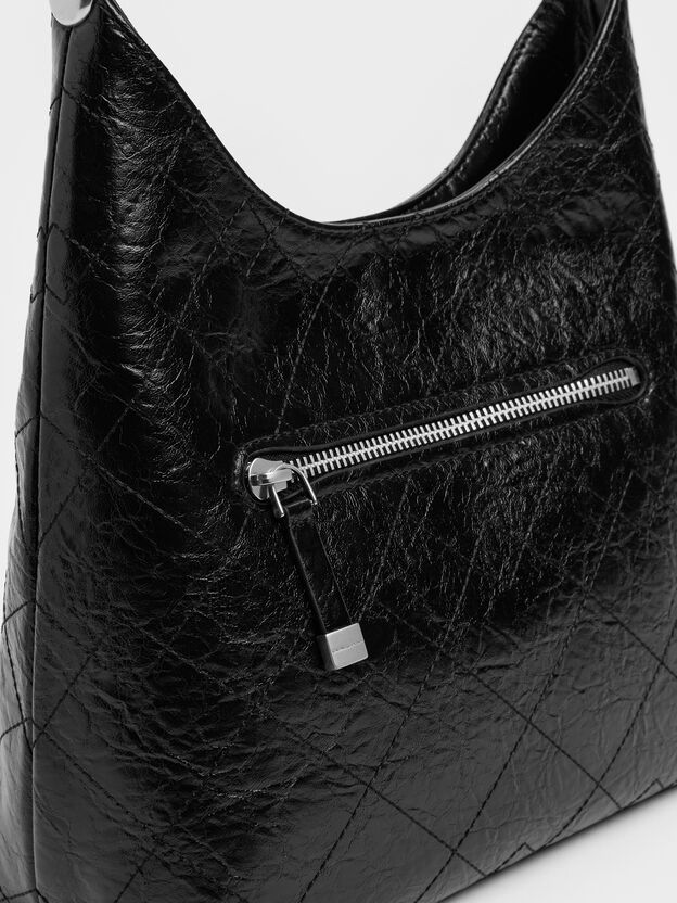 Duo Quilted Front-Pocket Chain Hobo Bag, Noir, hi-res