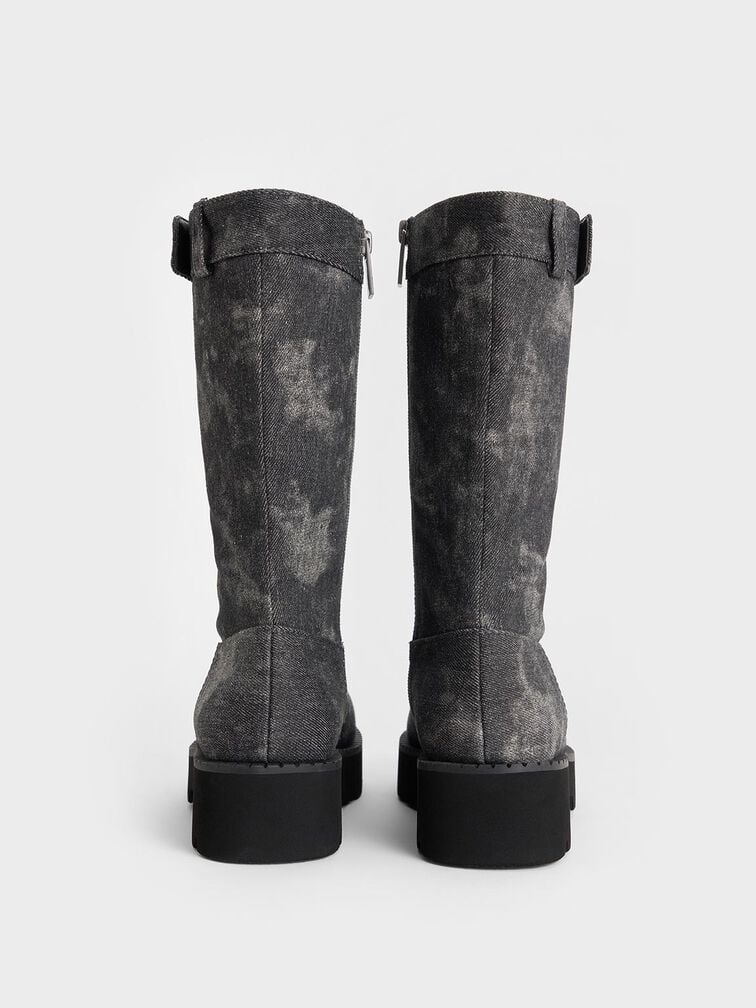 Denim Side-Zip Lug-Sole Calf Boots, Dark Grey, hi-res