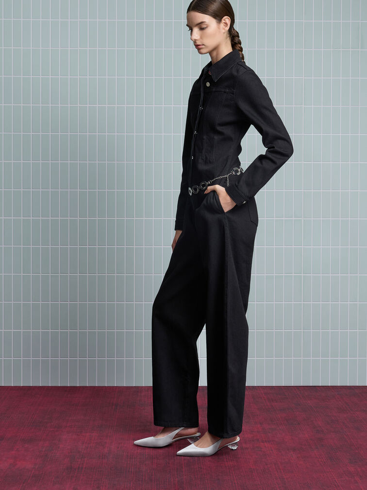 Satin Pointed-Toe Crystal-Heel Slingback Pumps, Silver, hi-res