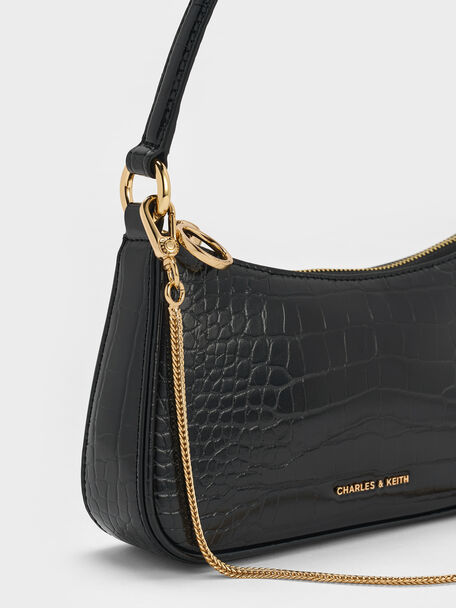 Elspeth Croc-Effect Chain-Link Shoulder Bag, Black Croco, hi-res