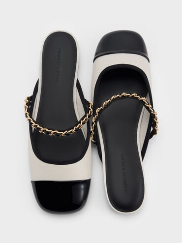 Patent Two-Tone Chain-Strap Mules, White, hi-res