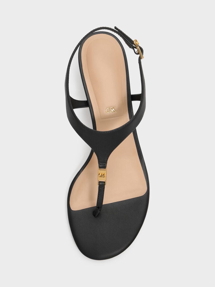 Leather Thong Kitten Heels, Black, hi-res