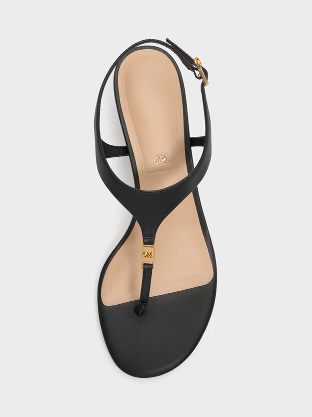 Leather Thong Kitten Heels, Black, hi-res