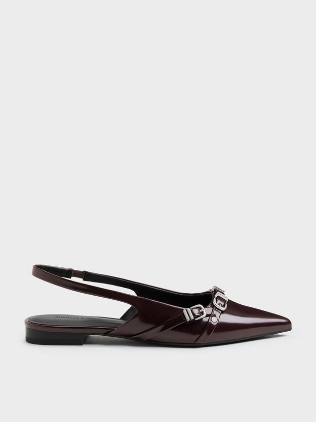Aira Buckled-Strap Slingback Flats, Burgundy, hi-res