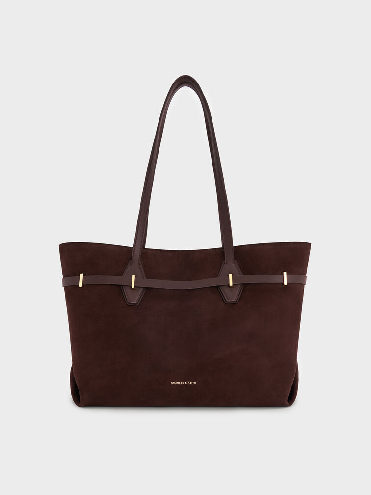 Arlet Recycled Suede Double-Handle Belted Tote Bag, Espresso Brown, hi-res