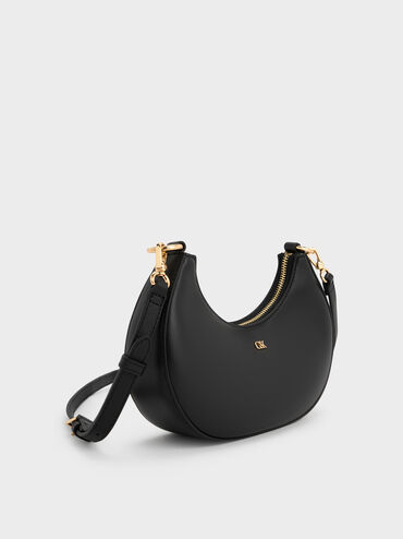 Leather Crescent Hobo Bag, Black, hi-res
