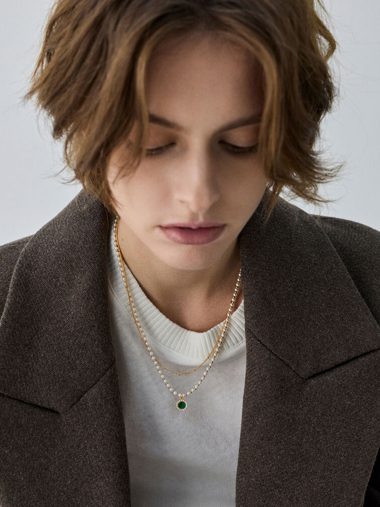 Pearl & Gemstone Double-Chain Necklace, Green, hi-res