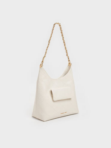 Duo Quilted Front-Pocket Chain Hobo Bag, Cream, hi-res