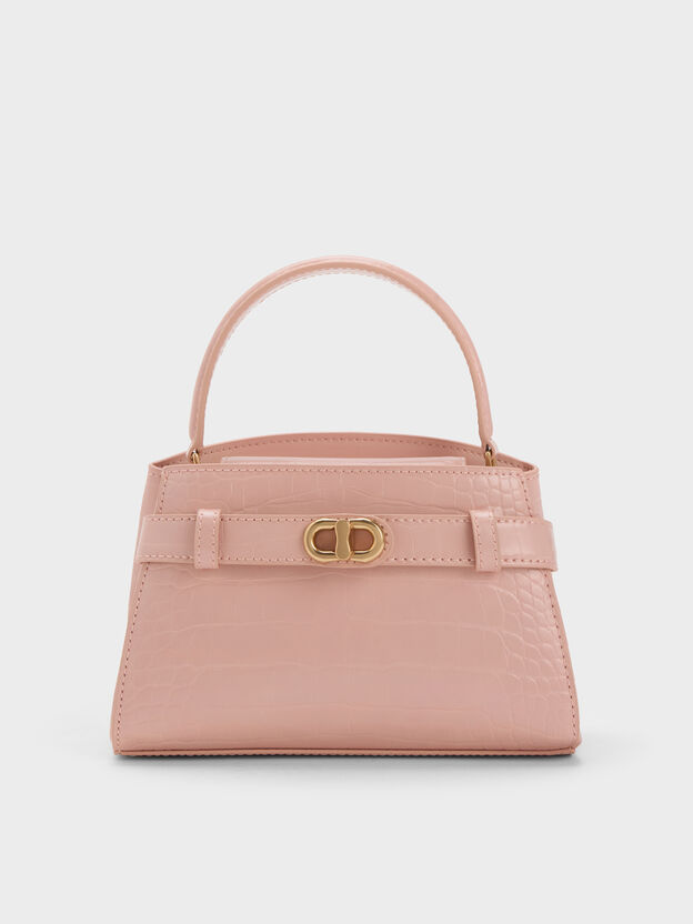 Aubrielle Croc-Effect Belted Top Handle Bag, Light Pink, hi-res