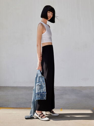 Pearl-Buckle Two-Tone Mary Jane Pumps, White, hi-res